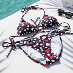 Beach Joy L Two Piece String Bikini Large‎ Brown Red Wht Hearts Pad Cups NWT